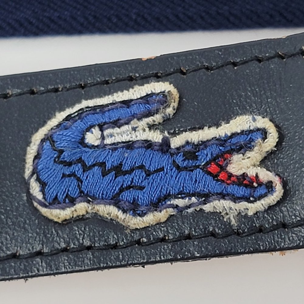 Vintage Lacoste Alligator Navy Blue and Pink Stripe Elastic Leather Belt - Picture 10 of 12